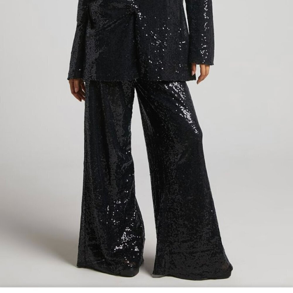Showpo Sequin Wide Leg Pants High Waist Black NWT NEW 4
